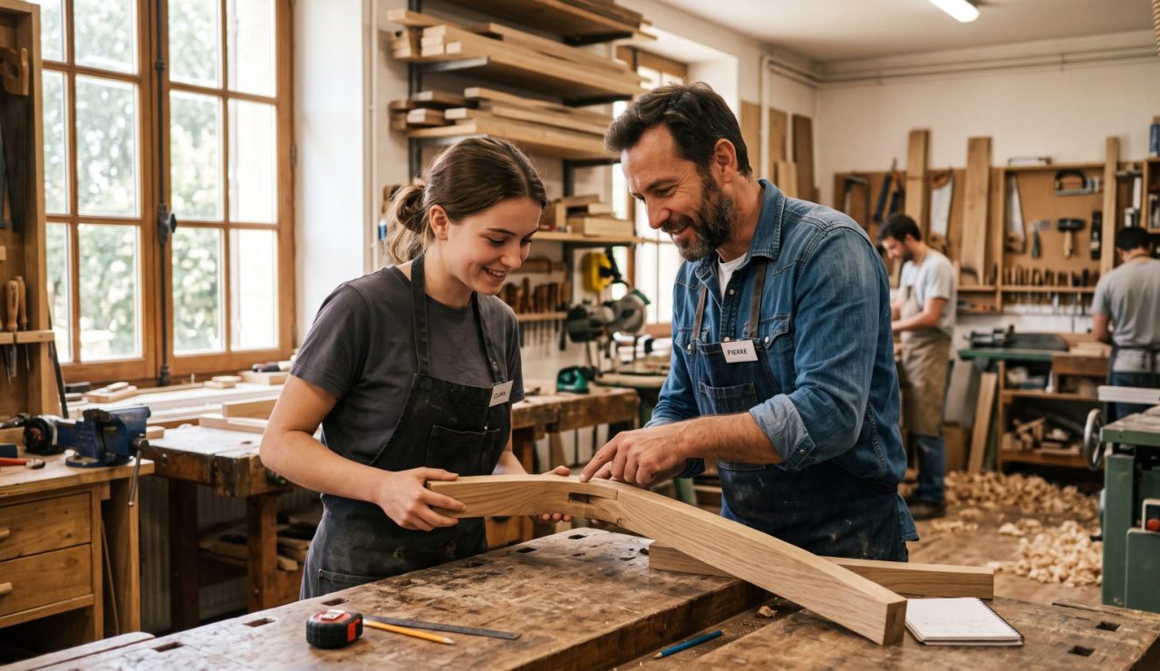 Une jeune apprentie et son tuteur examinent une piece de bois dans un atelier de menuiserie