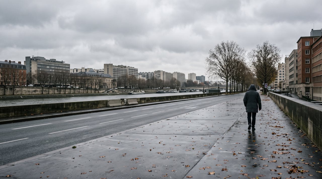 Une personne vue de dos marche seule sur un large trottoir mouille sous un ciel gris