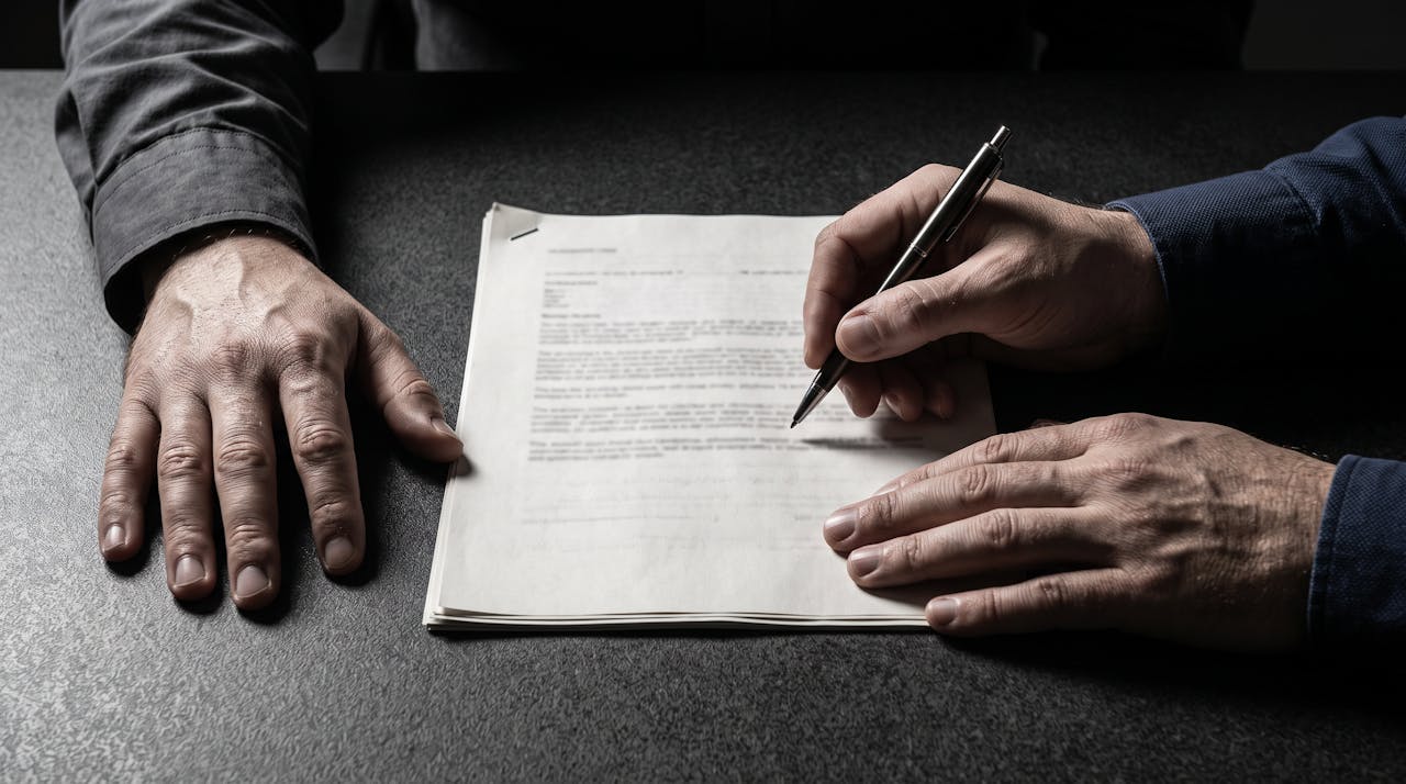 Gros plan sur deux paires de mains posees de part et d'autre d'un contrat papier, un stylo a la main