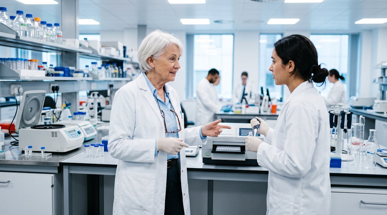 Technicienne de laboratoire experimentee formant une collegue plus jeune