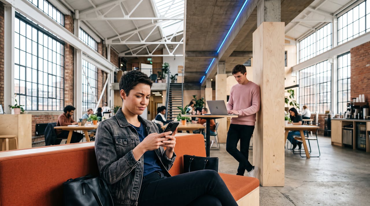 Une jeune femme consulte son smartphone dans un espace de coworking lumineux, en pleine recherche d'emploi sur les réseaux sociaux