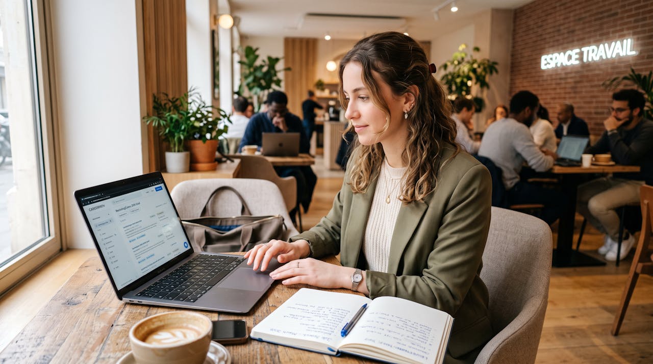 Une jeune diplômée consulte des offres d'emploi sur son ordinateur portable, dans un espace de travail lumineux.