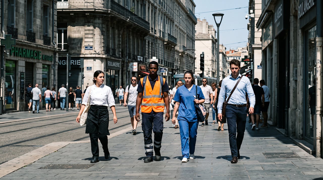 Quatre jeunes actifs en tenue de cuisine, de chantier, de soignant et de bureau marchent dans une rue de centre-ville en plein soleil