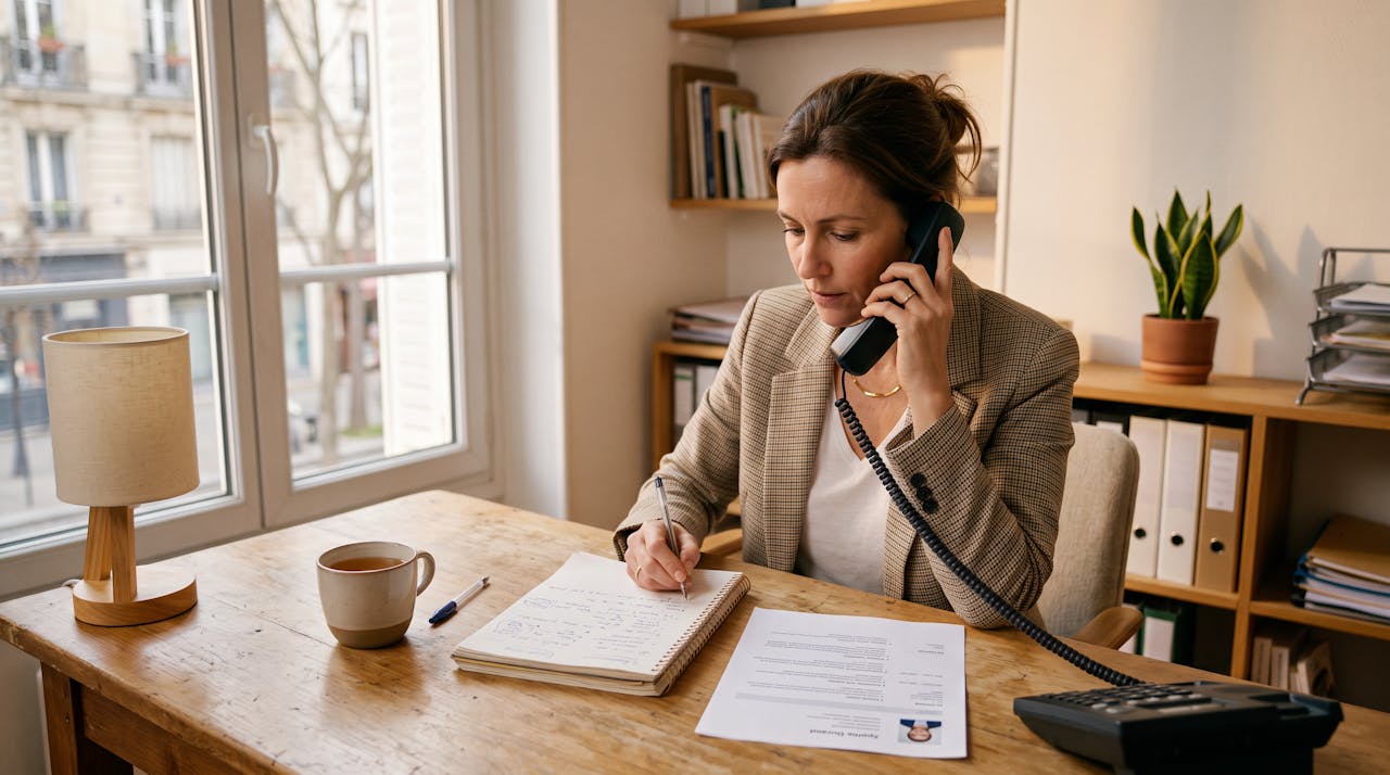 Une responsable des ressources humaines au téléphone prend des notes devant un CV posé sur son bureau