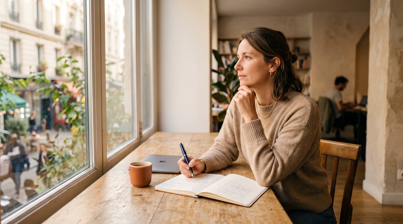 Salariee assise pres d'une fenetre, carnet ouvert, en pleine reflexion sur son avenir professionnel a la rentree