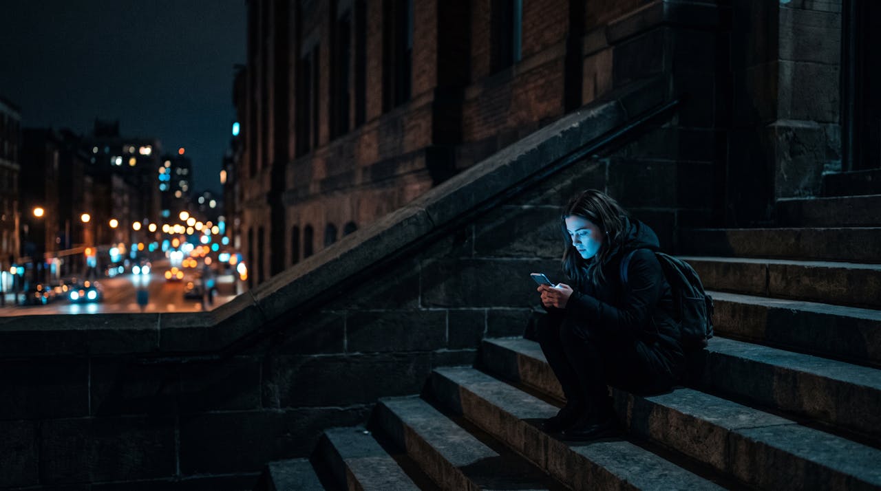 Une personne assise seule sur des marches la nuit, le visage eclaire par la lumiere bleue de son telephone