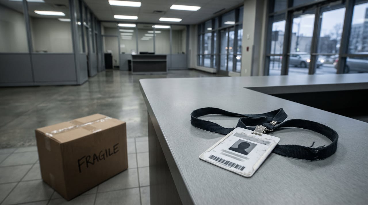 Un badge d'acces d'entreprise et un carton de demenagement abandonnes sur le comptoir d'un hall desert