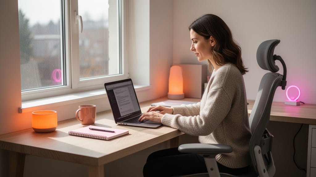 Une salariée concentrée travaille sur son ordinateur portable dans un coin bureau aménagé chez elle, lumière du matin