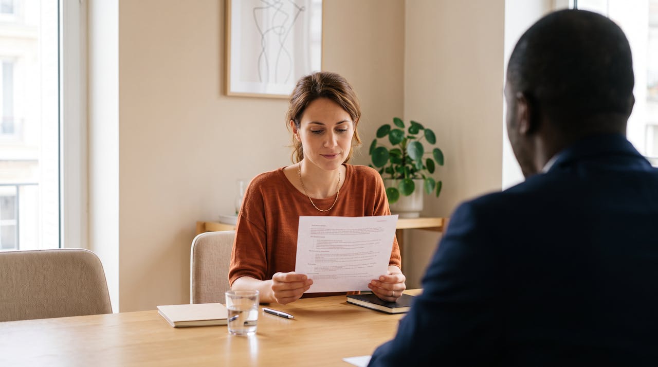 Candidate en entretien de recrutement lisant la fiche de poste et la fourchette de rémunération proposée