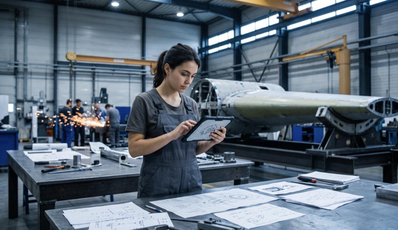 Jeune ingénieure étudiant un schéma technique dans un atelier d'assemblage aérospatial