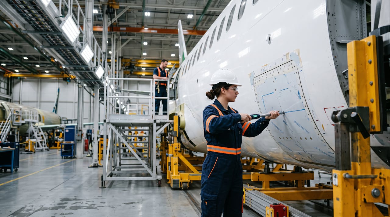 Une technicienne travaille sur un tronçon de fuselage dans un hall d'assemblage aéronautique