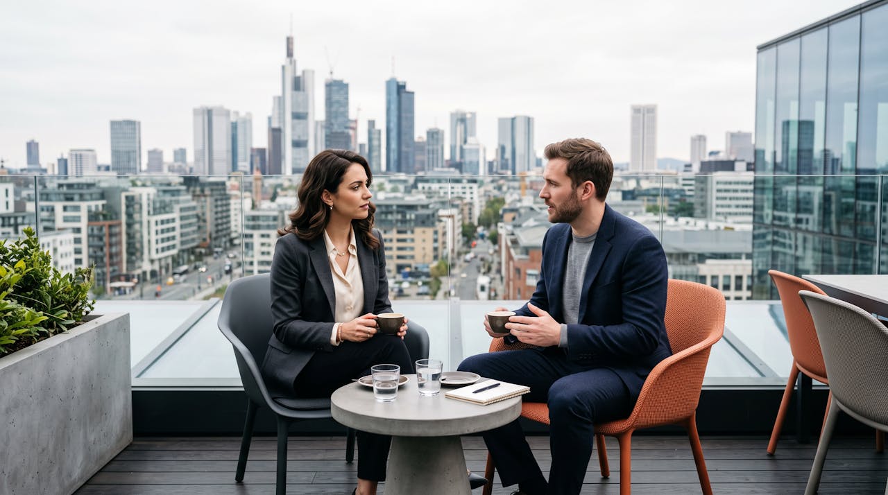 Deux jeunes cadres discutent sur la terrasse d'un immeuble de bureaux avec vue sur la ville