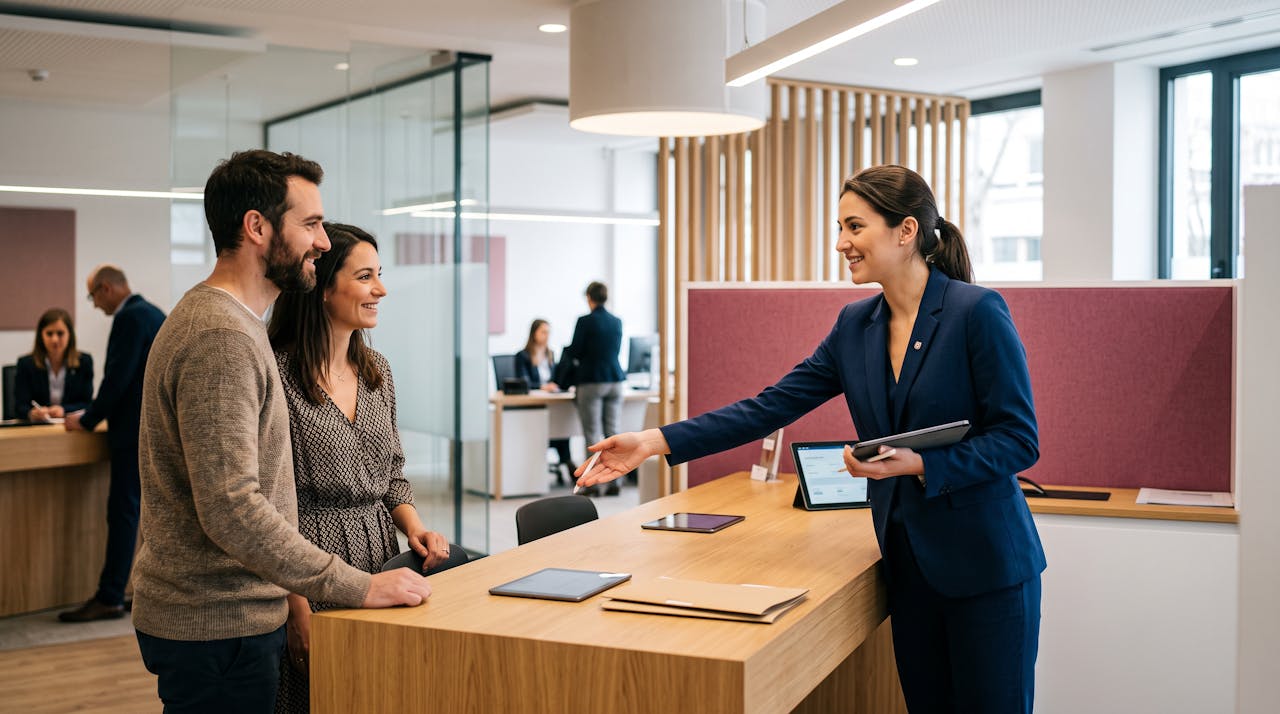 Une conseillère clientèle accueille des clients dans une agence bancaire moderne