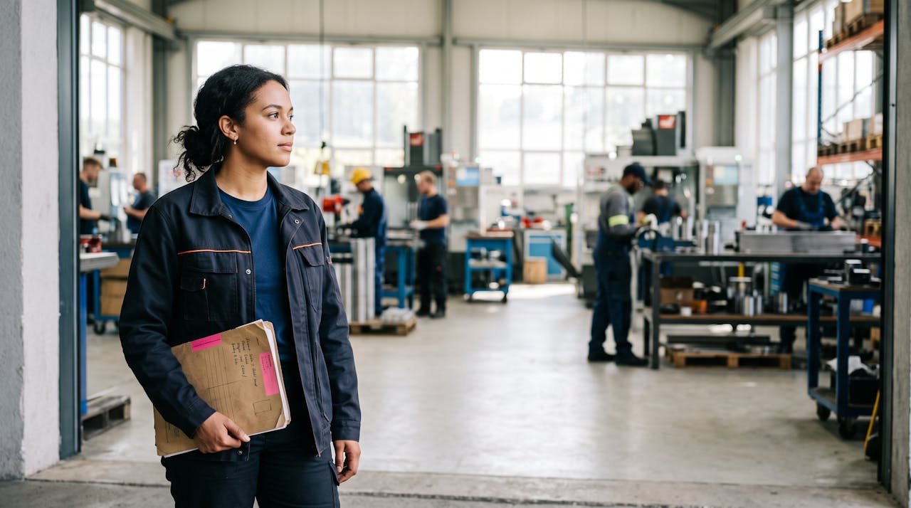 Jeune femme avec un dossier à l'entrée d'un atelier industriel lumineux, illustrant le changement de métier au retour à l'emploi
