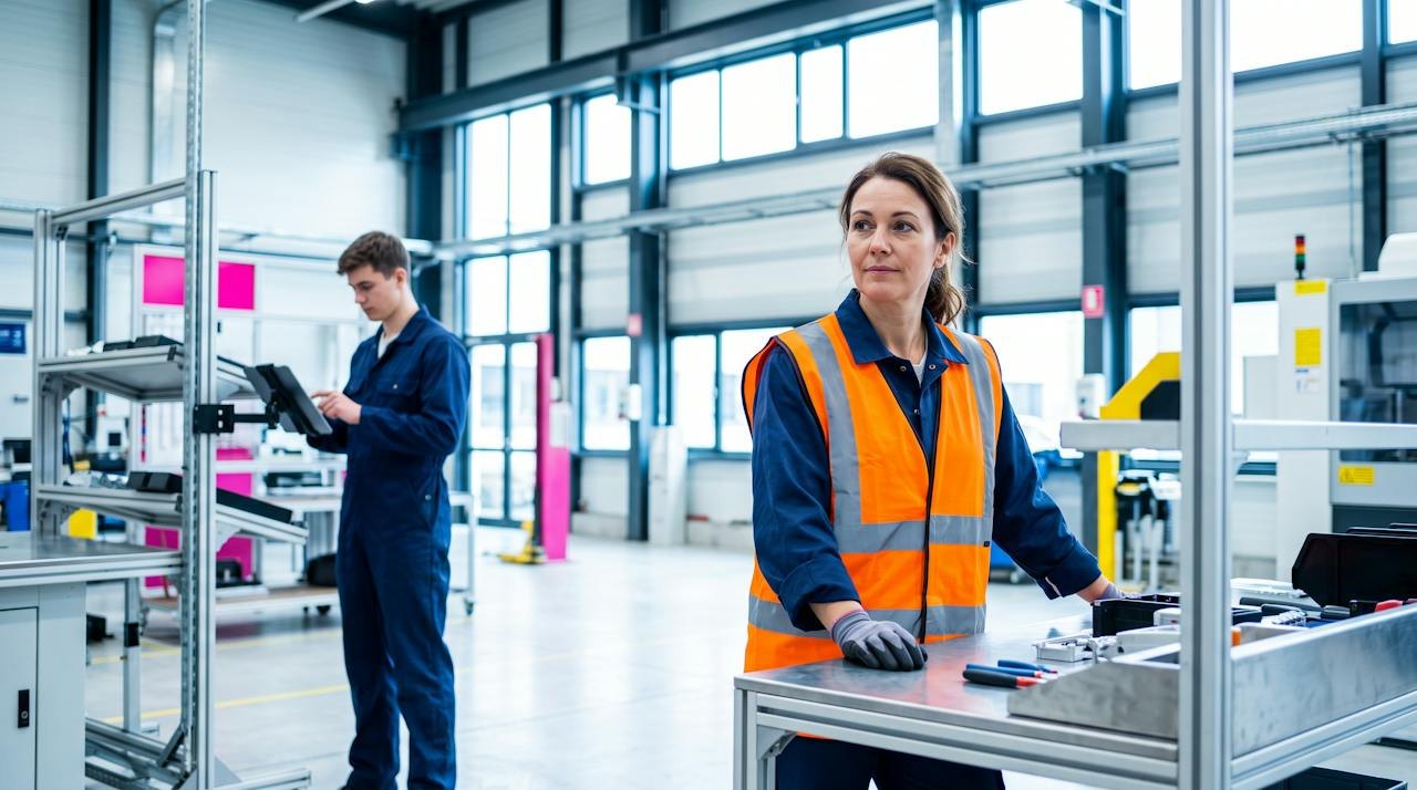 Une ouvrière en gilet orange fait une pause à son poste dans un atelier industriel lumineux, un collègue consulte une tablette en arrière-plan