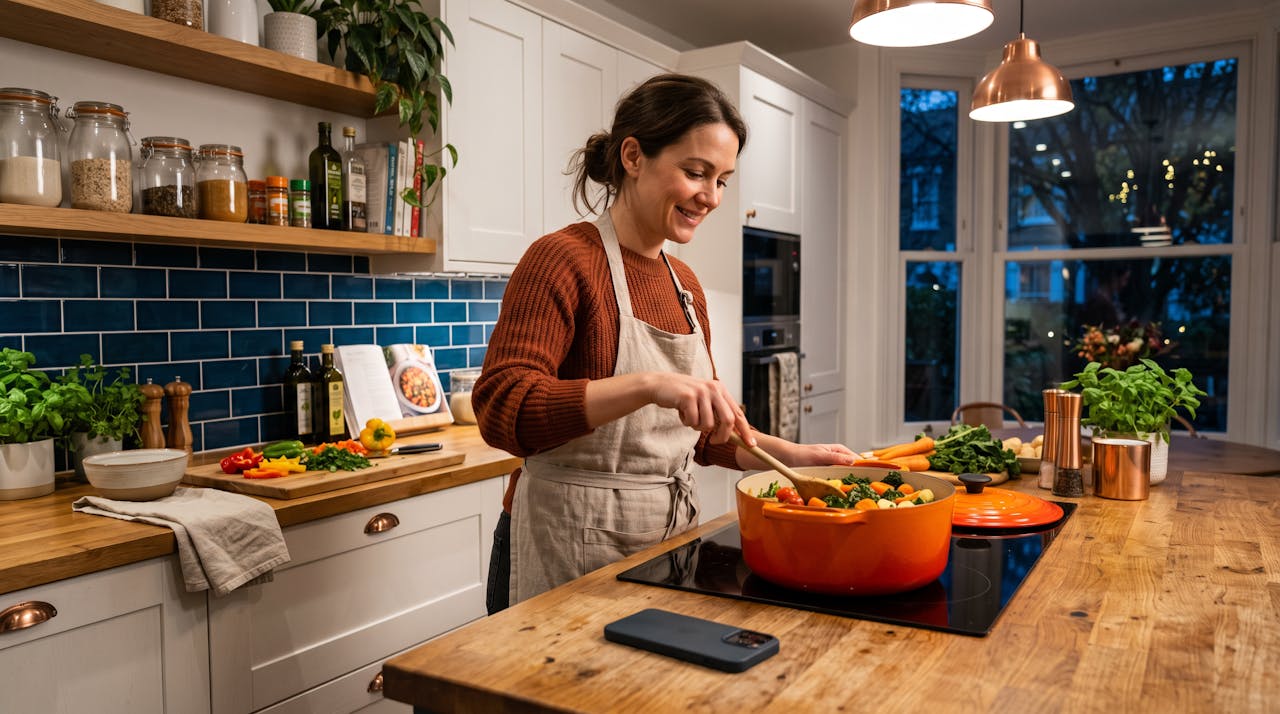 Une cadre cuisine le soir, téléphone posé face contre le plan de travail