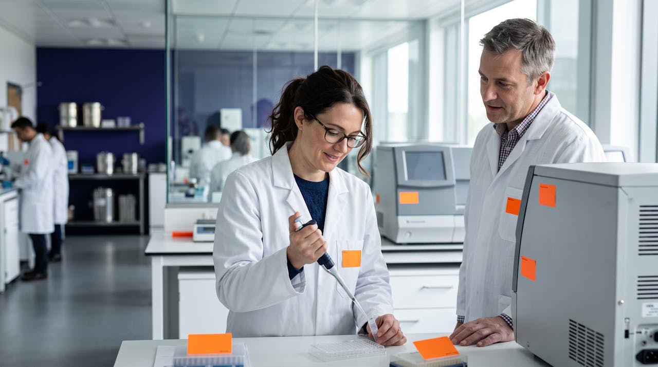 Une femme en reconversion s'exerce au pipetage dans un laboratoire d'analyses, guidée par un formateur