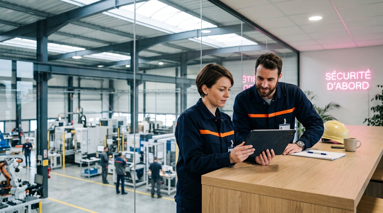 Deux salariés en tenue de travail bleu marine et orange consultent une tablette dans une usine moderne, illustration de l'épargne salariale
