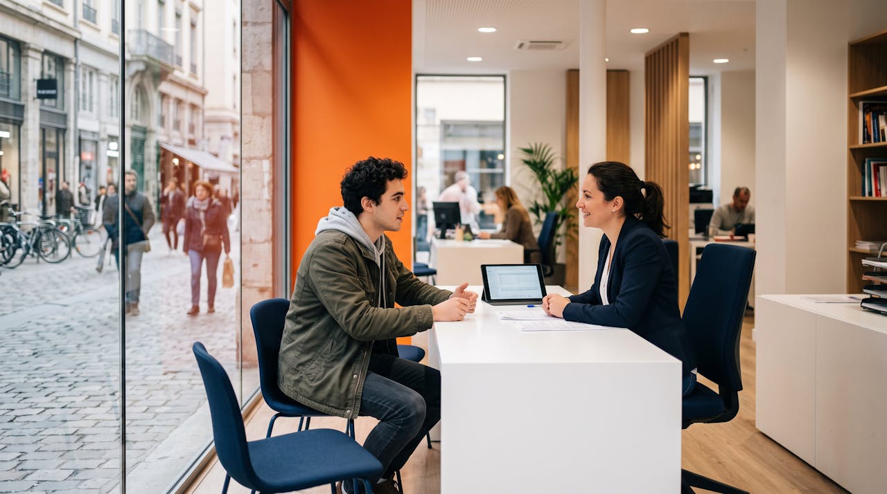 Un candidat échange avec une recruteuse au comptoir d'une agence d'intérim moderne