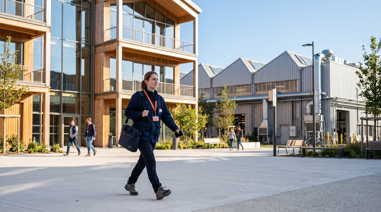 Une jeune ingénieure marche devant un campus industriel moderne en bois et verre