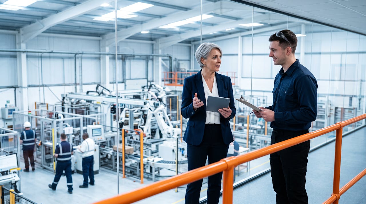 Une manager de transition échange avec un directeur de site depuis la mezzanine vitrée d'une usine moderne