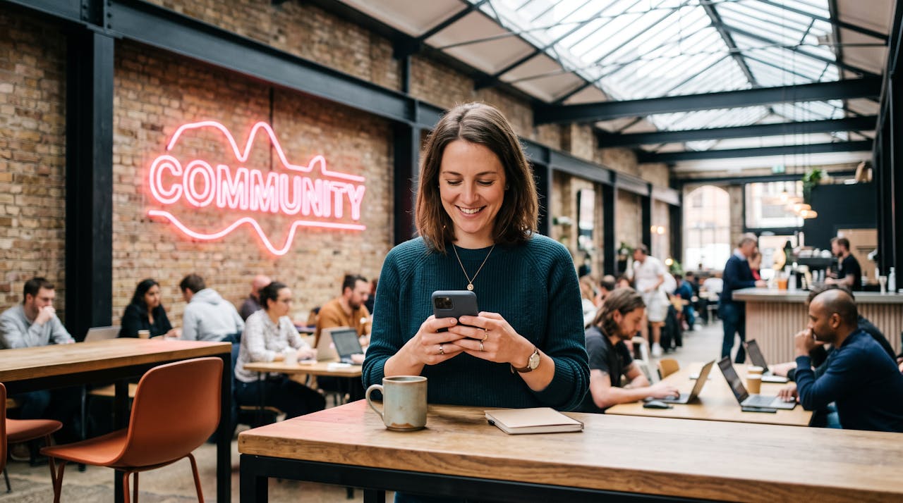 Une candidate rédige un message à un recruteur sur son smartphone dans un espace de coworking urbain