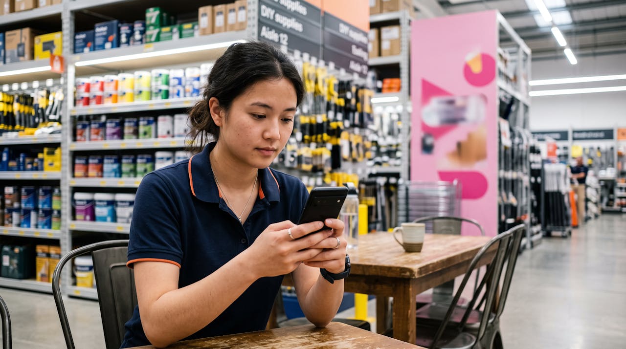 Une employée de magasin consulte sa fiche de paie sur son téléphone dans l'espace de pause