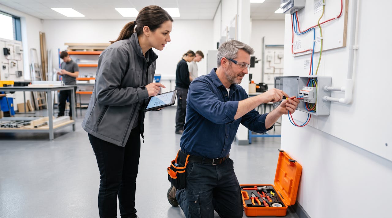 Un salarié en reconversion s'exerce au câblage d'un tableau électrique sous l'œil d'une formatrice
