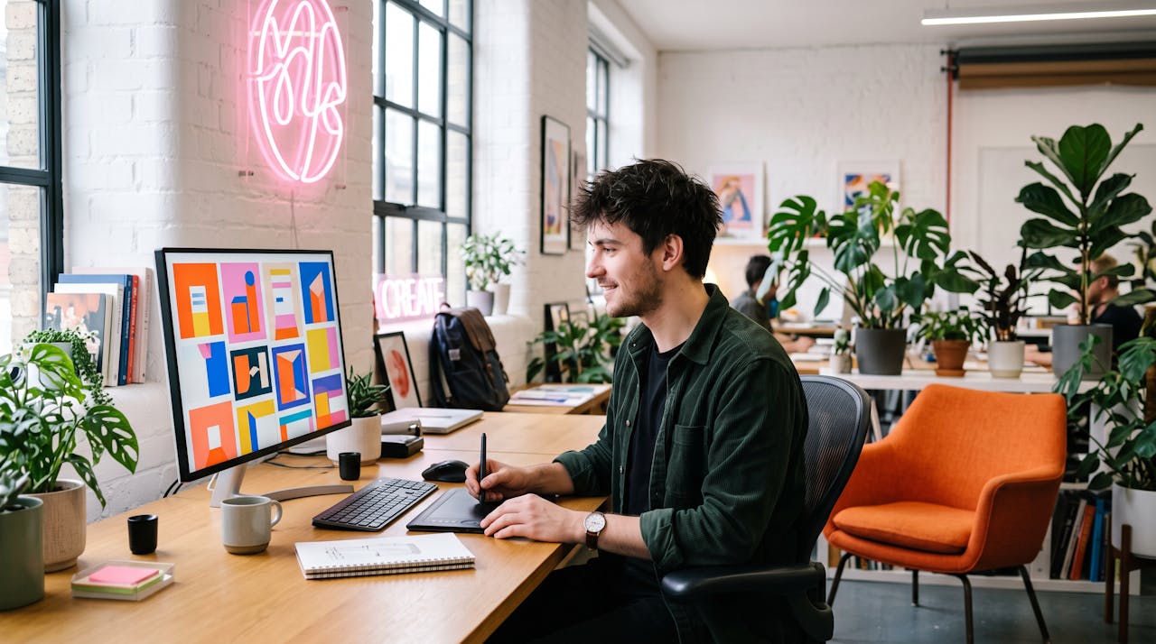 Un designer consulte son portfolio en ligne sur un grand écran dans un studio lumineux