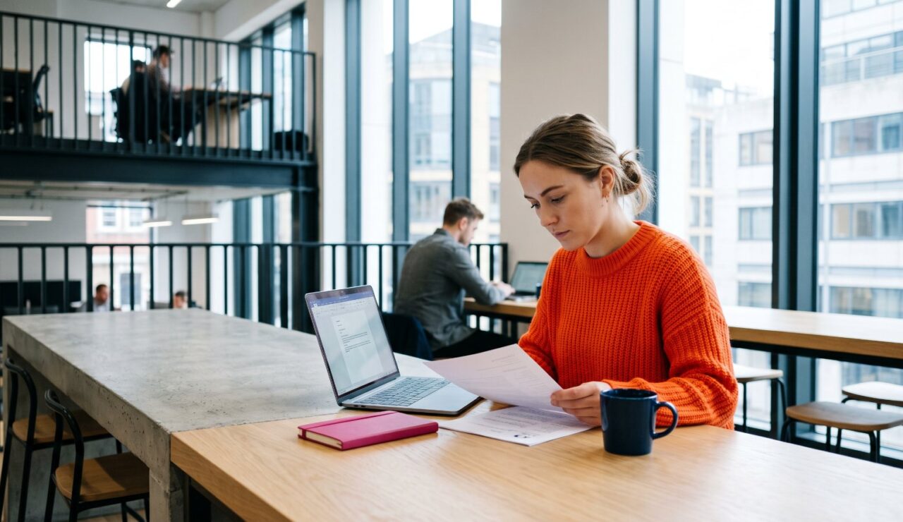Jeune femme en pull orange relisant son CV imprimé à côté de son ordinateur portable dans un espace de coworking lumineux en béton et bois