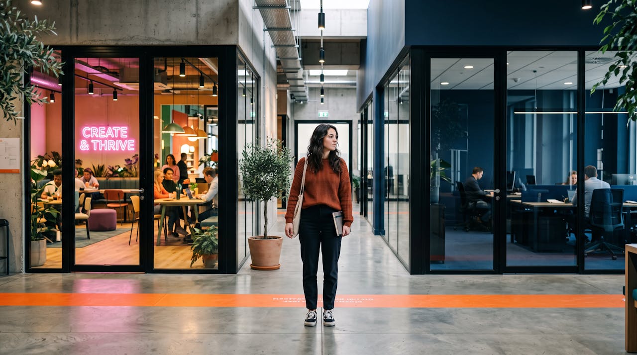 Une jeune femme hésite entre deux portes vitrées, l'une ouvrant sur une start-up colorée, l'autre sur un bureau corporate