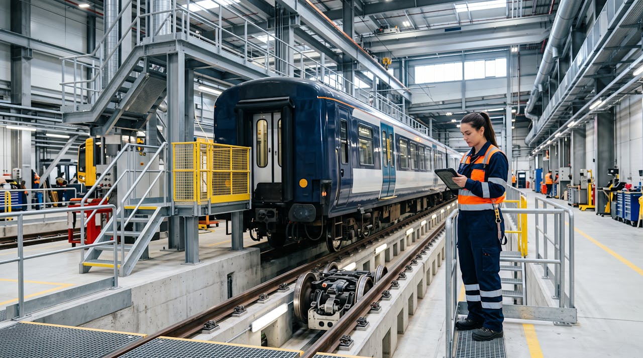 Une technicienne de maintenance contrôle une rame dans un technicentre ferroviaire moderne