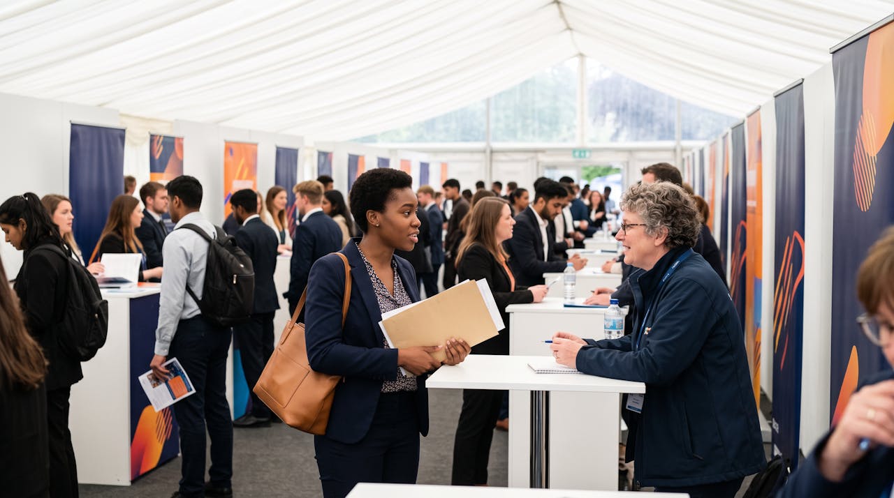 Une candidate échange avec un recruteur sur un stand lors d'un salon de recrutement sous chapiteau