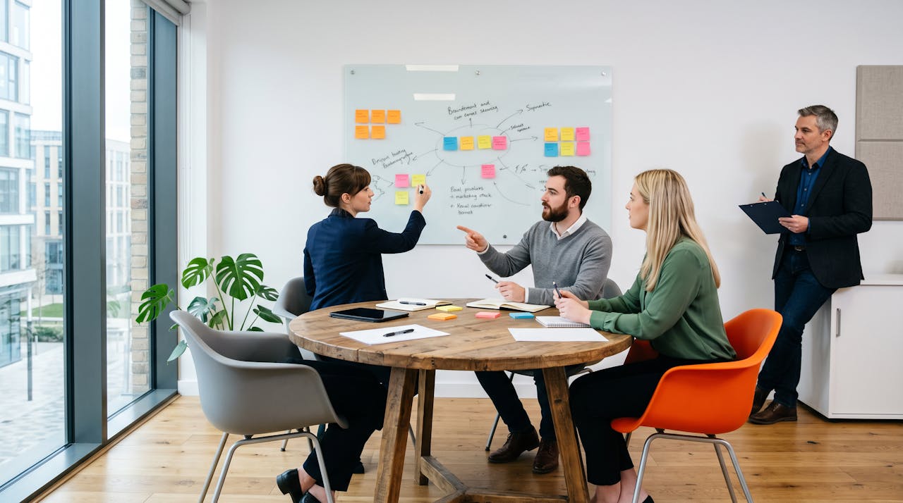 Trois candidats travaillent sur une étude de cas collective sous le regard d'un observateur lors d'une session de recrutement