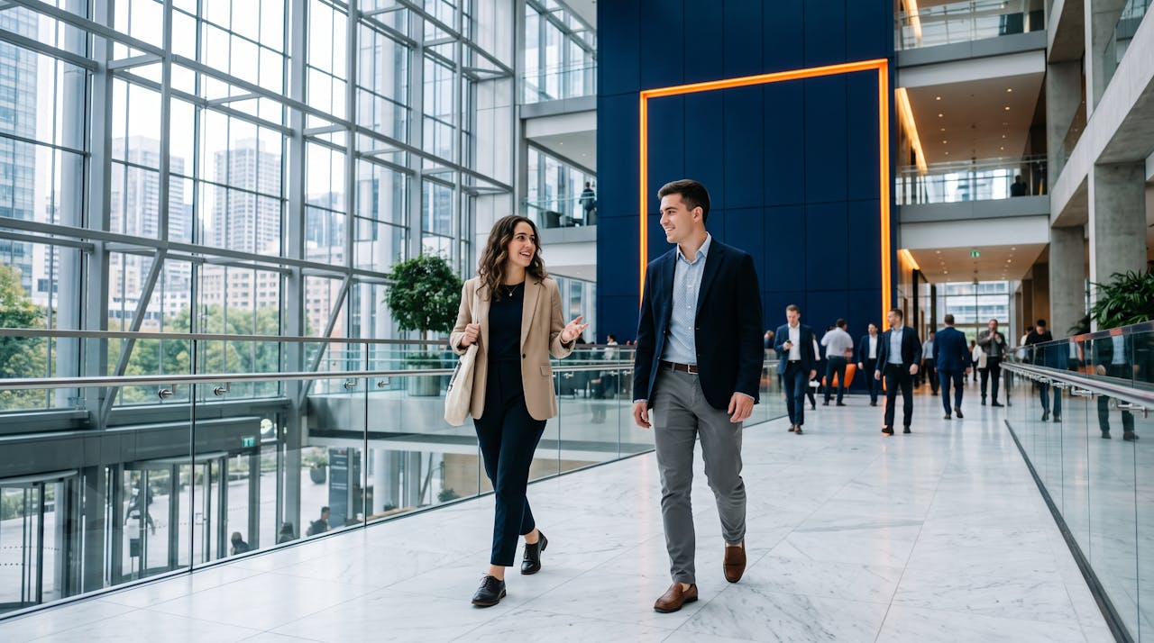 Deux jeunes diplômés d'école de commerce traversent l'atrium vitré d'un siège d'entreprise