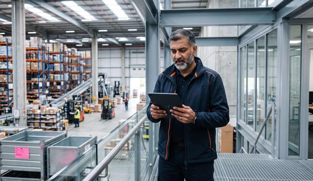 Chef d'équipe d'une cinquantaine d'années qui consulte sa fiche de paie sur une tablette, sur la mezzanine d'un entrepôt logistique