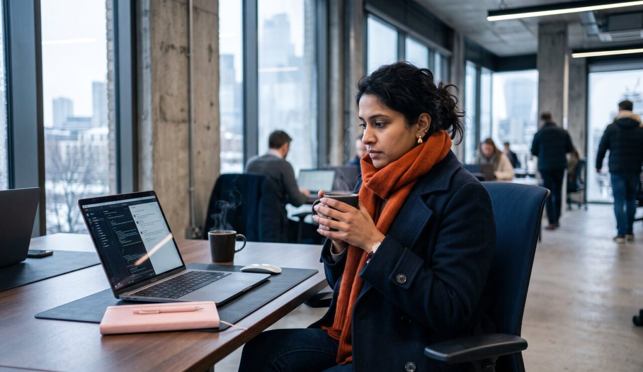 Salariée en manteau et écharpe orange, une tasse chaude entre les mains, à son poste dans un bureau en béton brut un matin d'hiver