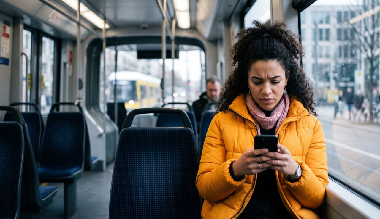 Jeune femme en doudoune orange lisant attentivement une offre d'emploi sur son smartphone, assise dans un tramway