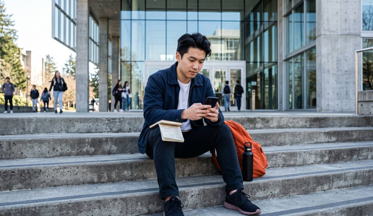 Jeune diplômé assis sur les marches d'un campus, qui consulte son téléphone et ses notes pour se renseigner sur une entreprise avant un entretien