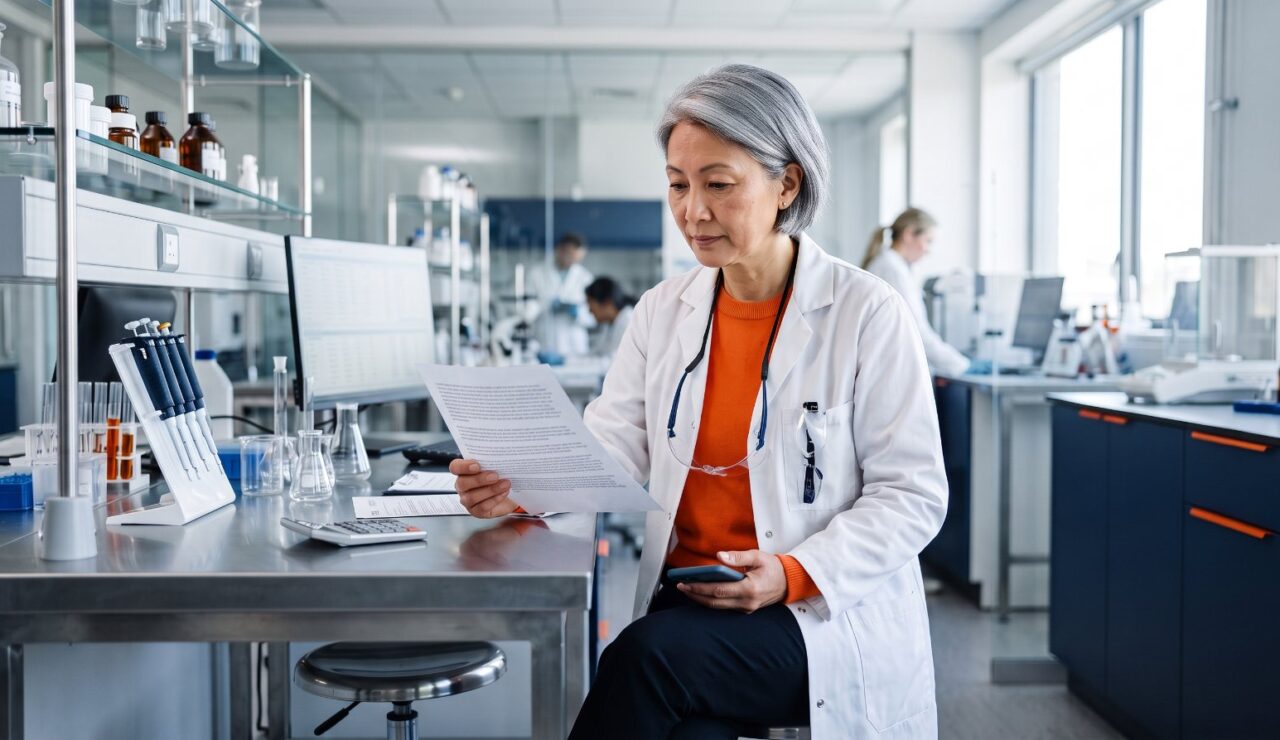 Technicienne de laboratoire d'une cinquantaine d'années qui compare sa fiche de paie et ses avantages sur son téléphone