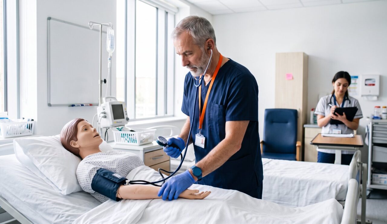 Homme d'une cinquantaine d'années en tenue médicale bleu marine prenant la tension d'un mannequin de simulation dans une salle de formation d'aides-soignants